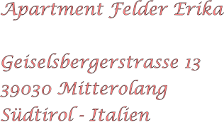 Apartment Felder Erika  Geiselsbergerstrasse 13 39030 Mitterolang Sdtirol - Italien