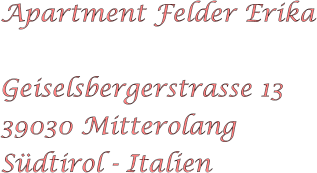 Apartment Felder Erika  Geiselsbergerstrasse 13 39030 Mitterolang Sdtirol - Italien